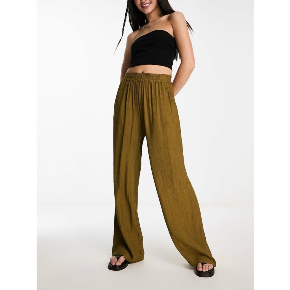 Only High Waisted Textured Pants in Olive size XL Crinkle Lightweight Linen Look